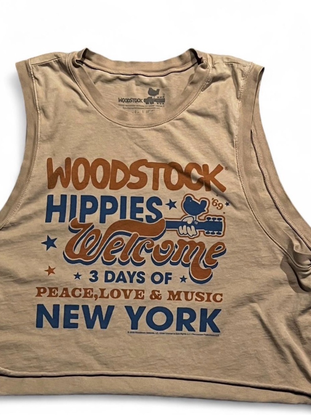 Woodstock Hippies Welcome Tank Top - Beige with Blue & Brown Print